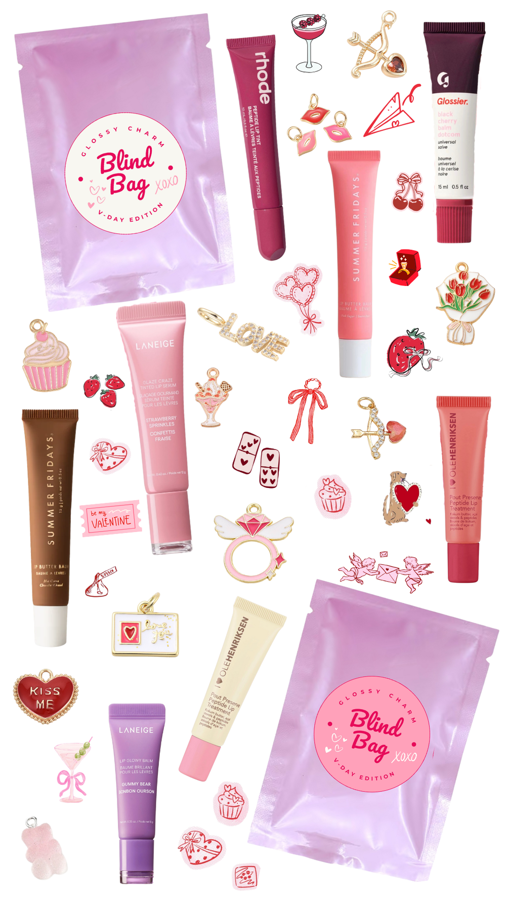 Collection of beauty products and accessories with 'Blind Bag' packaging on a white background.