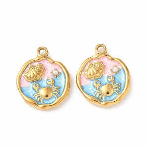 Pink, Blue, & Gold Enamel Crab & Pearl Charm