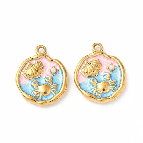 Pink, Blue, & Gold Enamel Crab & Pearl Charm