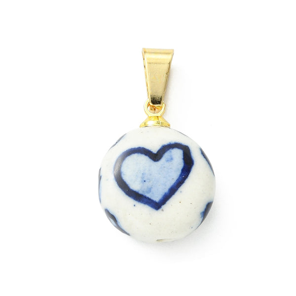 Gold Blue & White Porcelain Heart Charm