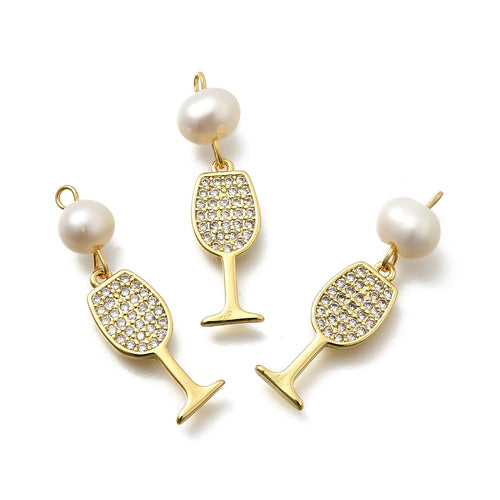 Gold Pavé Wine Glass & Pearl Charm