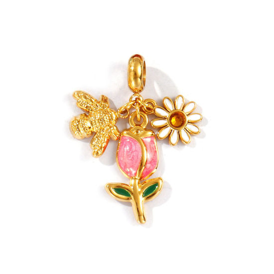 Gold Bee, Tulip & Daisy Dangle Charm