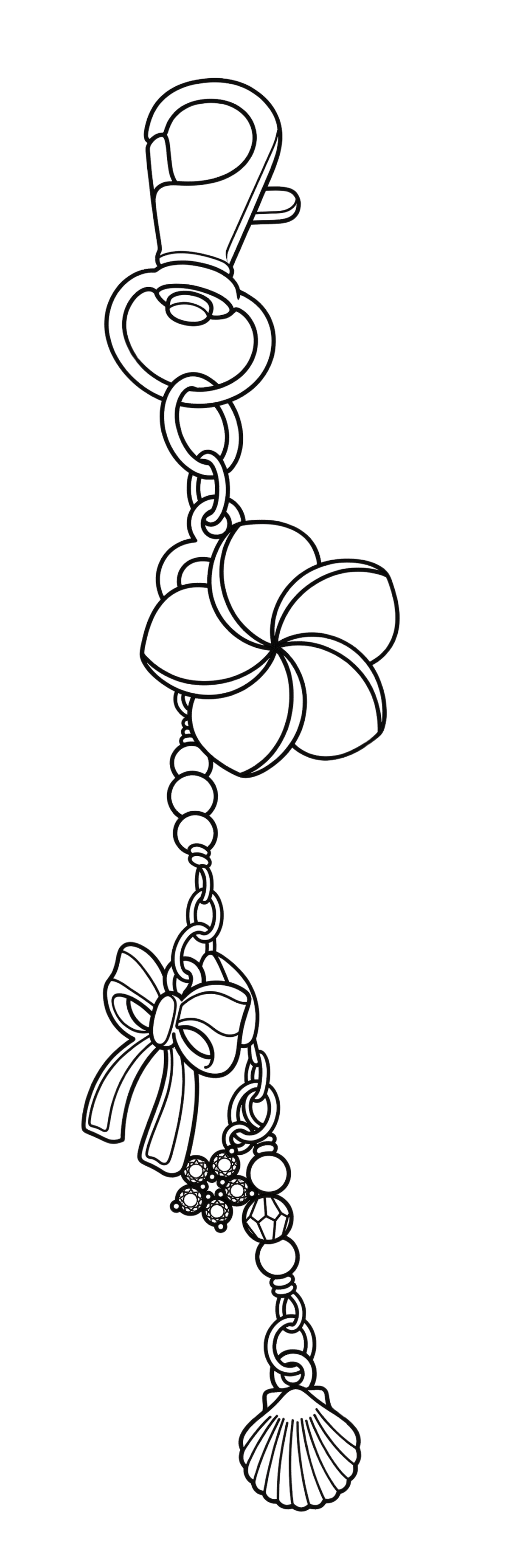 Black and white line drawing of a keychain with floral, bow, and shell charms on a white background.