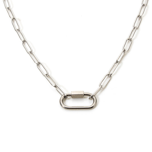 Silver chain necklace with a clasp on a white background