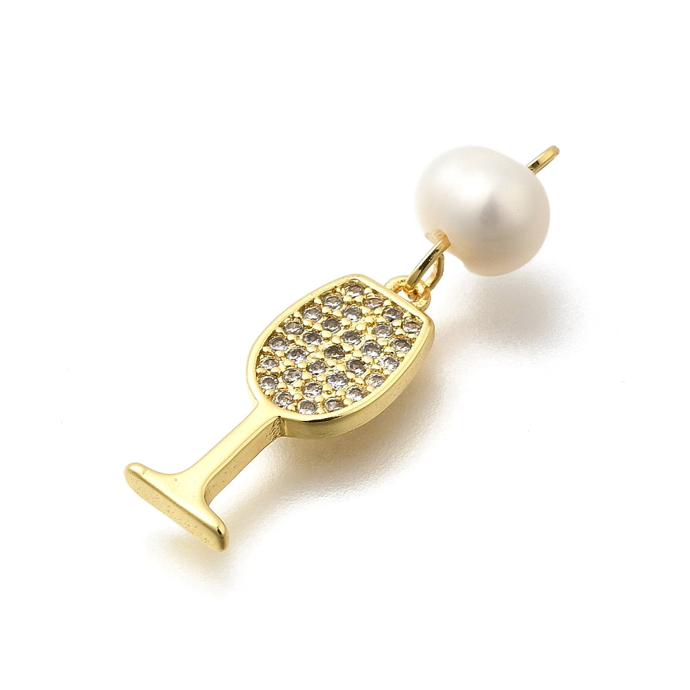 Gold Pavé Wine Glass &amp; Pearl Charm