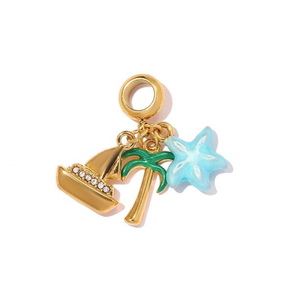 Gold Summer Sailboat, Palm & Starfish Dangle Charm