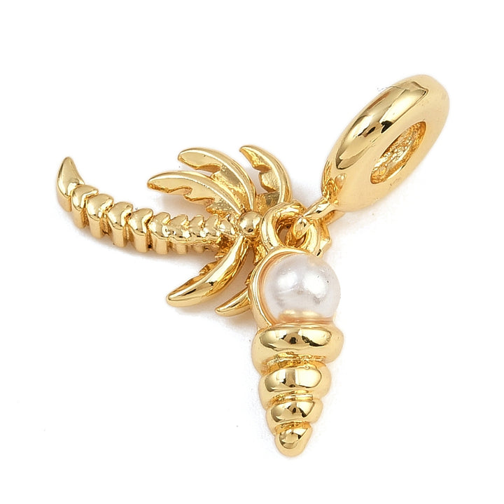 Gold Coconut Tree &amp; Conch Shell Pearl Dangle Charm