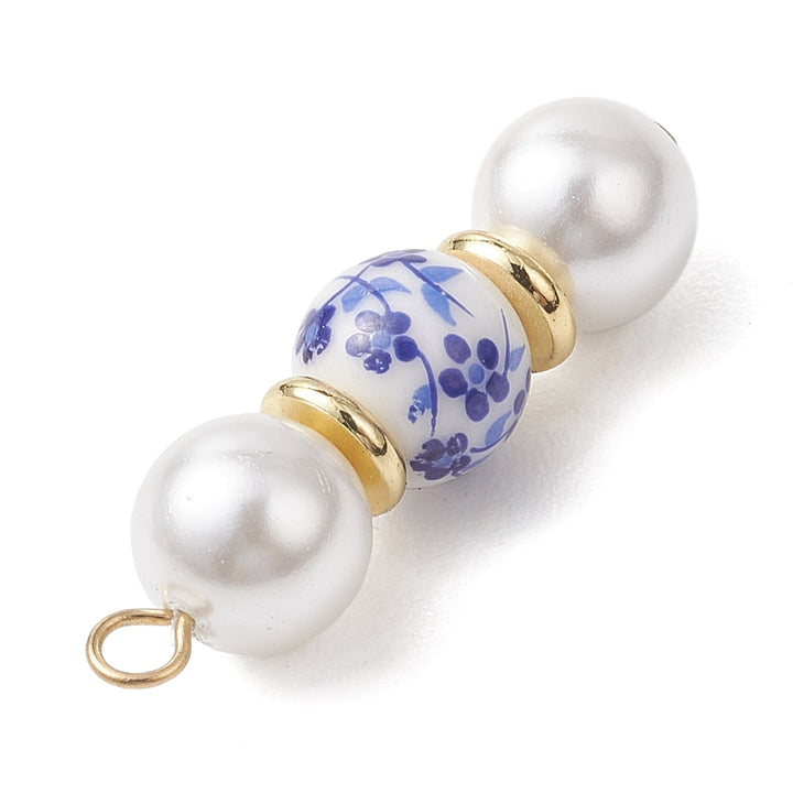 Gold Porcelain Blue Floral &amp; Pearl Charm