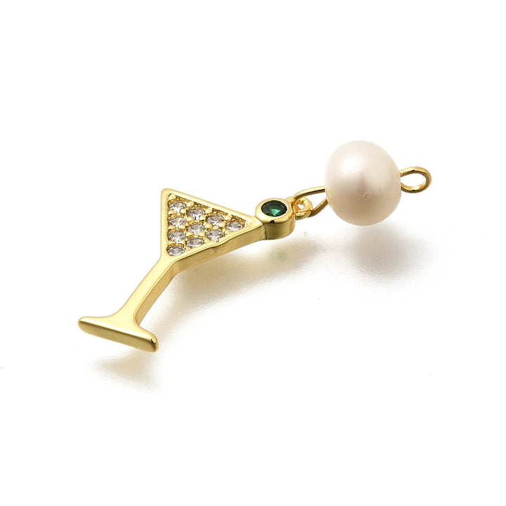 Gold Pavé Martini Glass &amp; Natural Pearl Charm