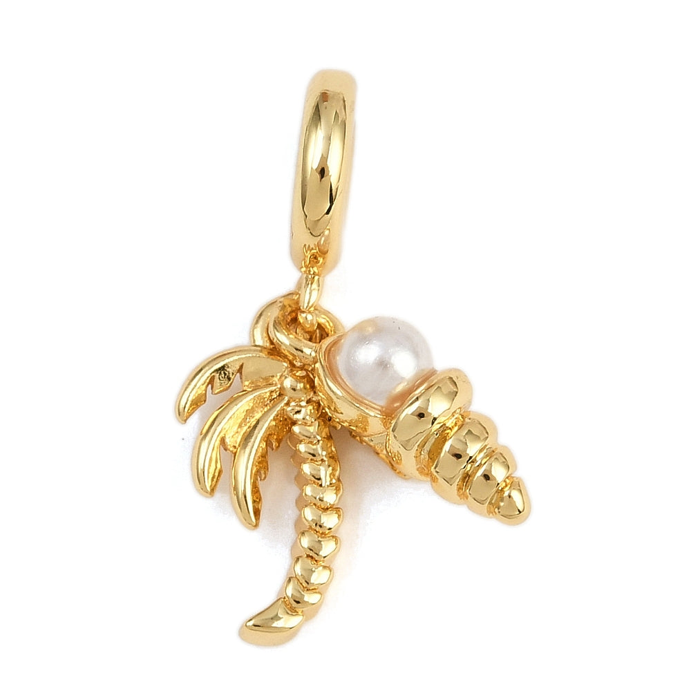 Gold Coconut Tree &amp; Conch Shell Pearl Dangle Charm