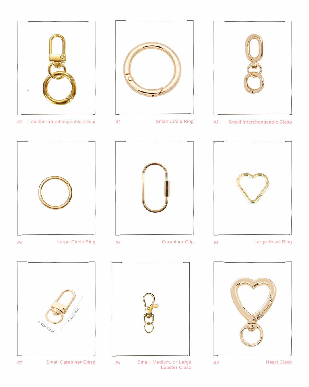 Collection of gold jewelry clasps on a white background