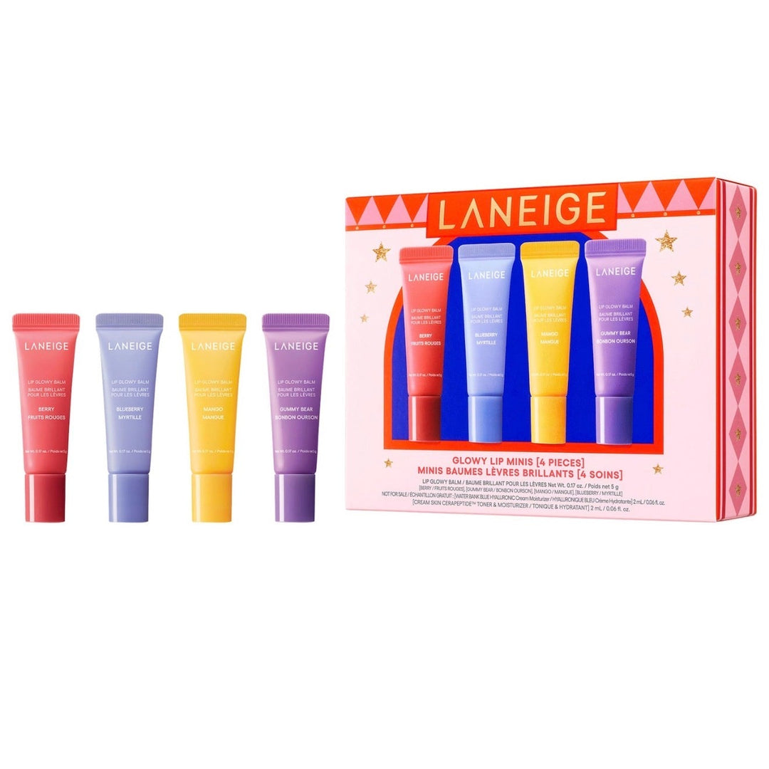 Laneige lip balm set with colorful tubes and a branded box on a white background
