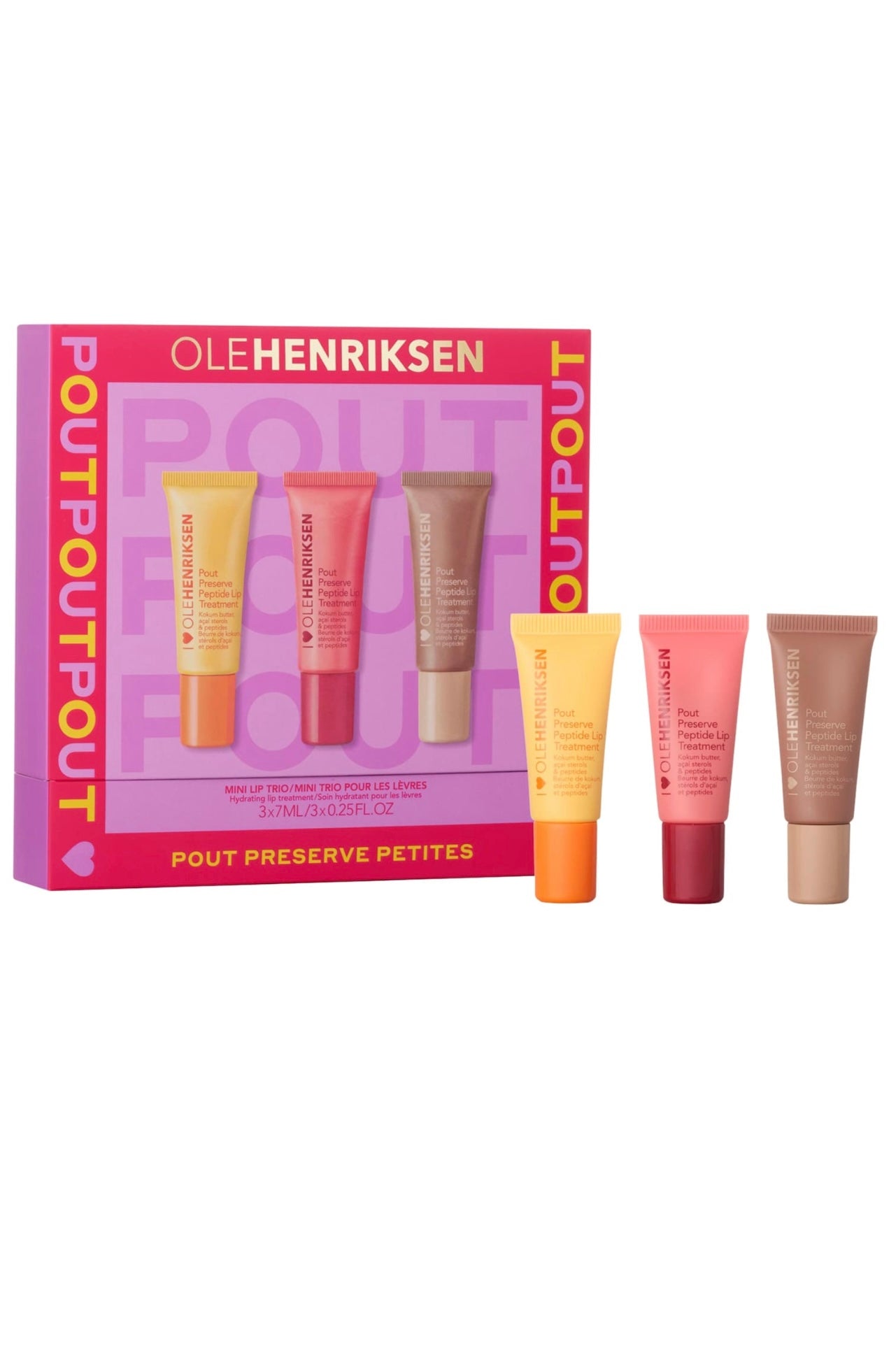 Set of Ole Henriksen lip care products with a pink packaging box on a white background