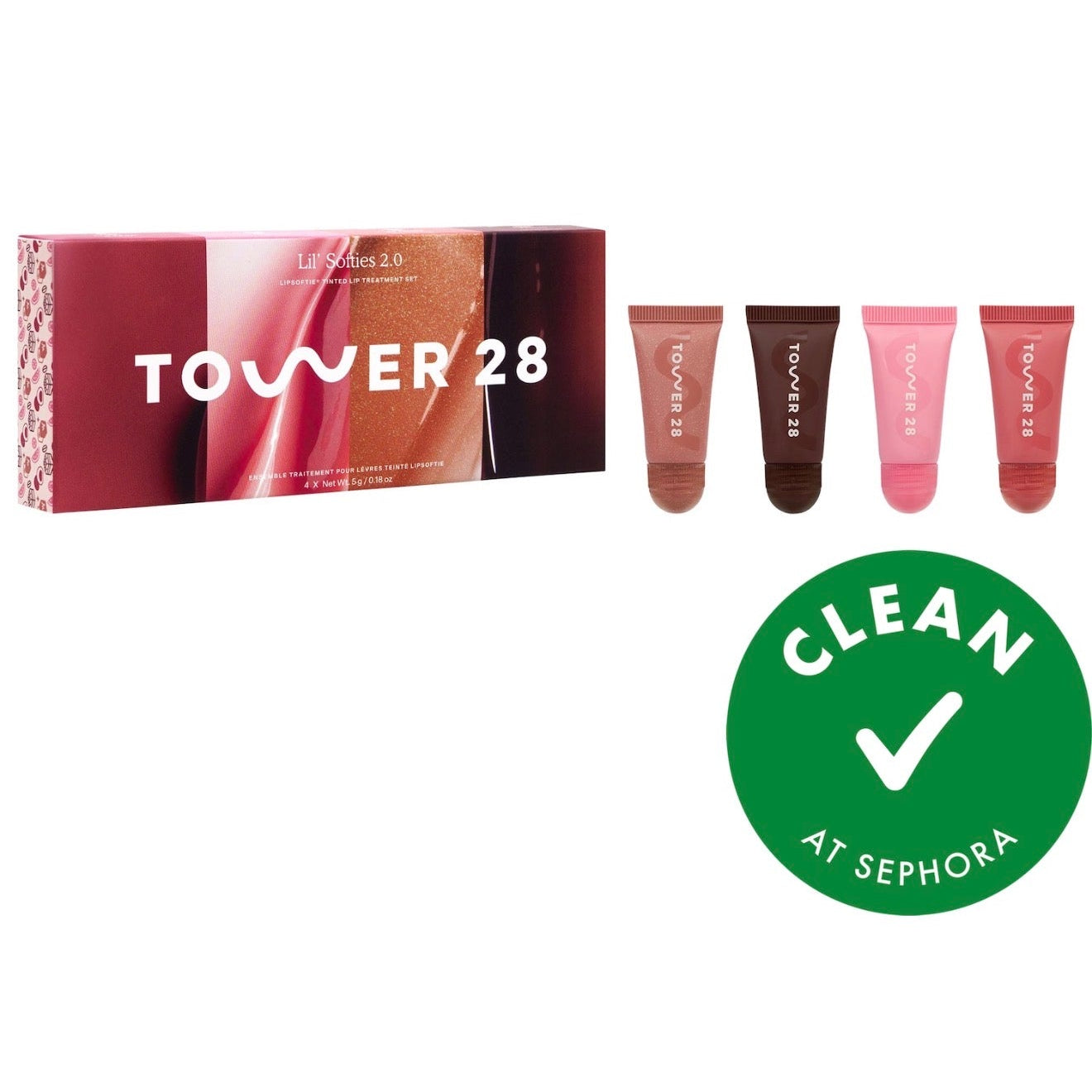 Tower 28 skincare product set with packaging and tubes on a white background, featuring a 'Clean at Sephora' label.